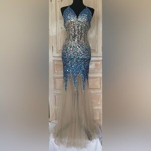 Fully Hand Beaded with Nude Illusion Mesh Mermaid Silhouette Gown